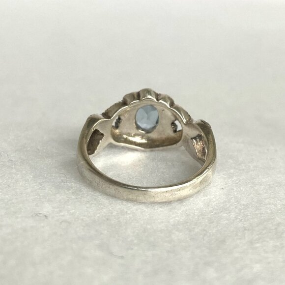 Sterling Silver 925 Oval Blue Topaz & Marcasite Floral Split Shank Ring Sz 7.5 - Picture 7 of 16